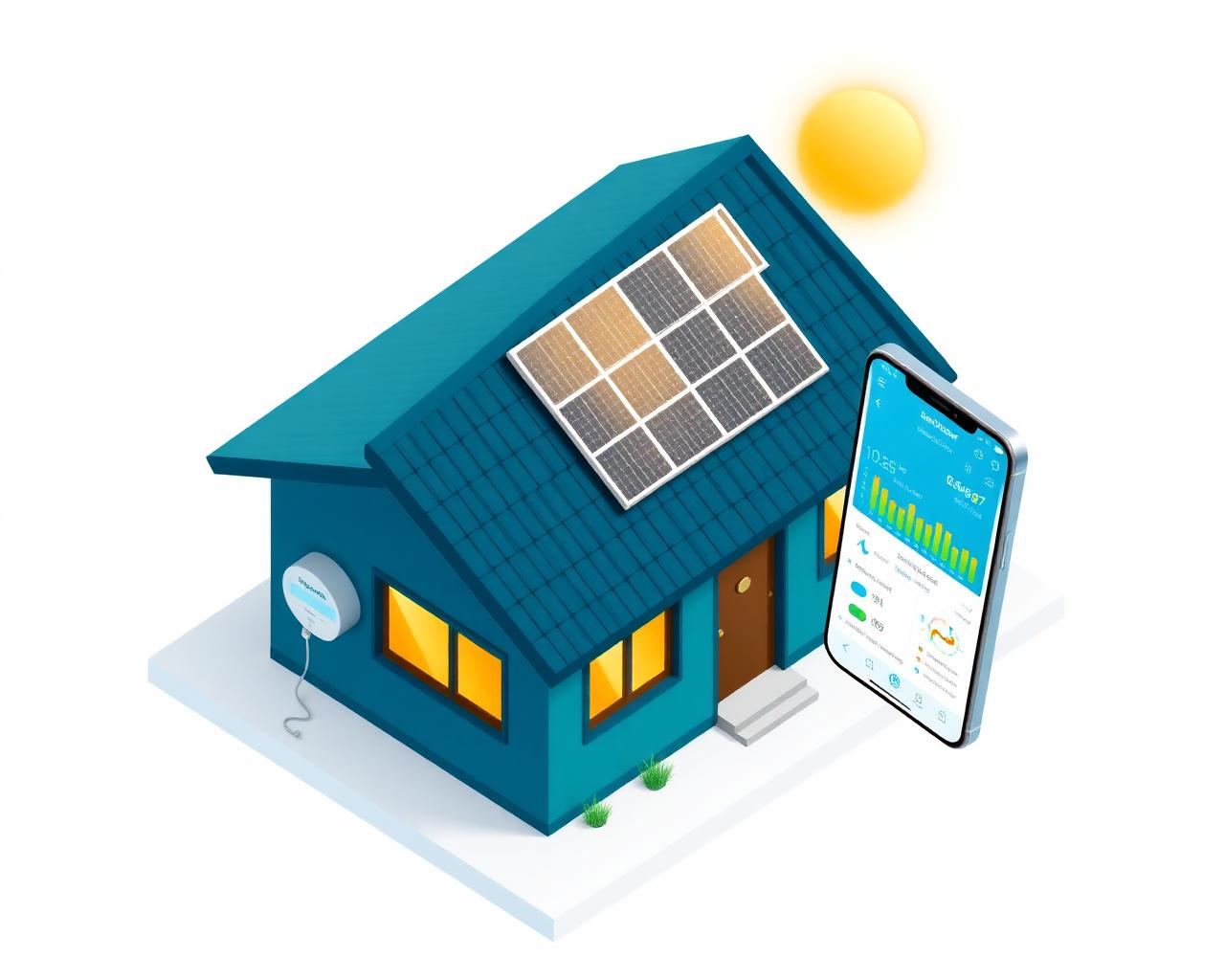 Casa con paneles solares, medidor bidireccional y monitoreo móvil